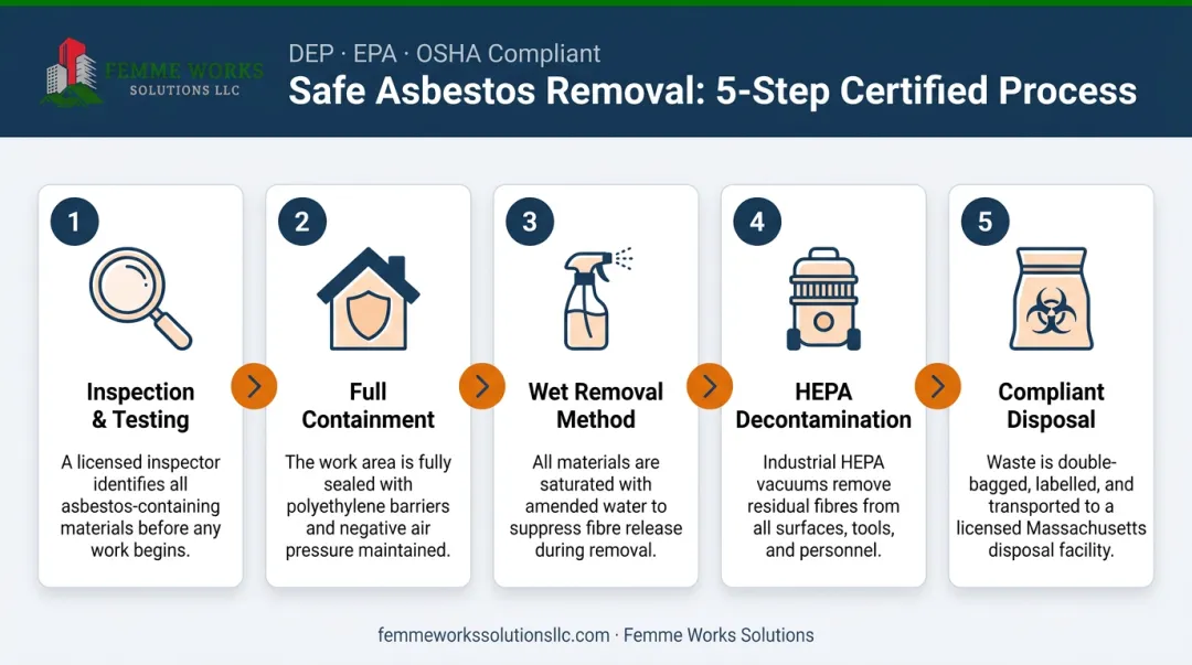 5-step professional asbestos abatement process from inspection to compliant disposal