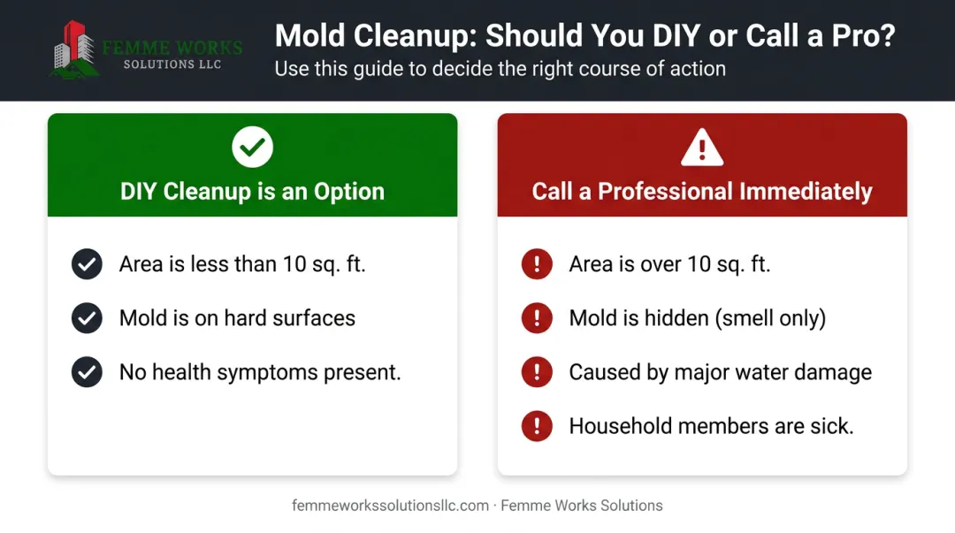 Decision chart comparing mold cleanup options versus calling a professional remediator