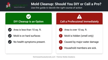 Decision chart comparing DIY mold cleanup versus calling a professional remediator