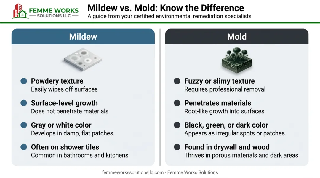 Side-by-side comparison infographic of mold versus mildew characteristics