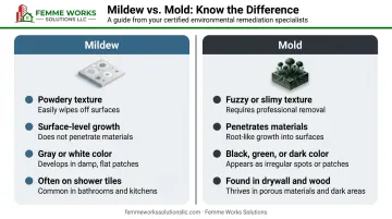 Side-by-side comparison infographic of mold versus mildew characteristics