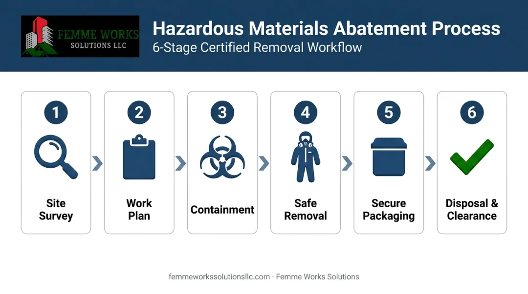 6-step hazardous materials abatement process flow from survey to disposal