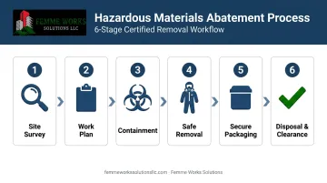 6-step hazardous materials abatement process flow from survey to disposal