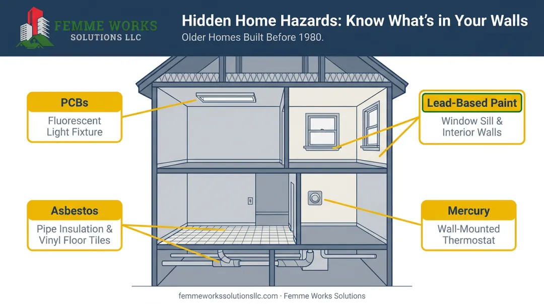 Common hazardous materials found in older buildings infographic with visual callouts