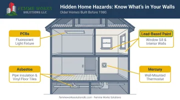 Common hazardous materials found in older buildings infographic with visual callouts