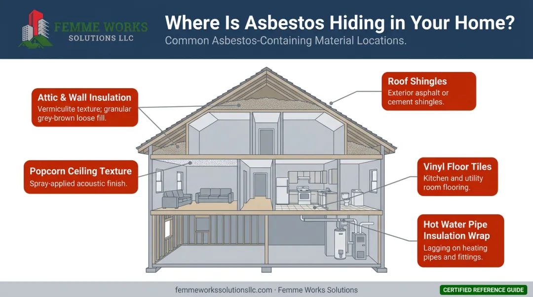 Infographic illustrating common locations of asbestos in an older residential home