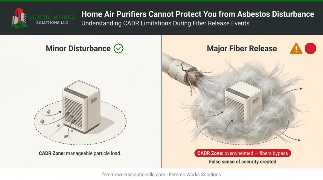 Diagram comparing an air purifier's limited capacity versus a large asbestos fiber release