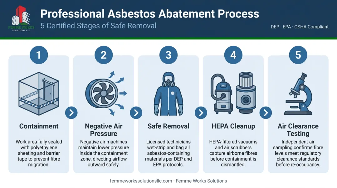 5-step professional asbestos abatement and cleanup process flow diagram