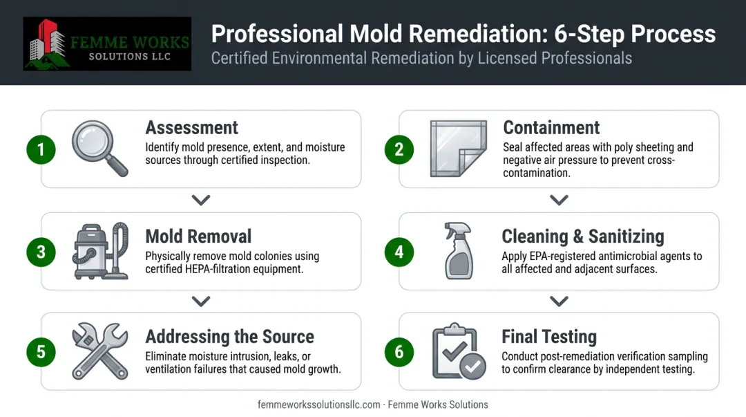 6-step professional attic mold remediation process flow from assessment to final clearance