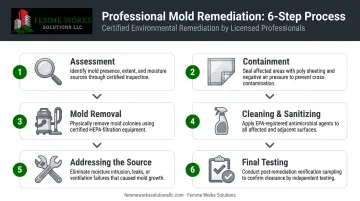 6-step professional attic mold remediation process flow from assessment to final clearance