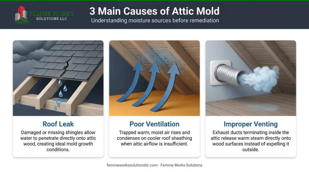 Three primary causes of attic mold growth infographic with illustrations