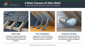 Three primary causes of attic mold growth infographic with illustrations