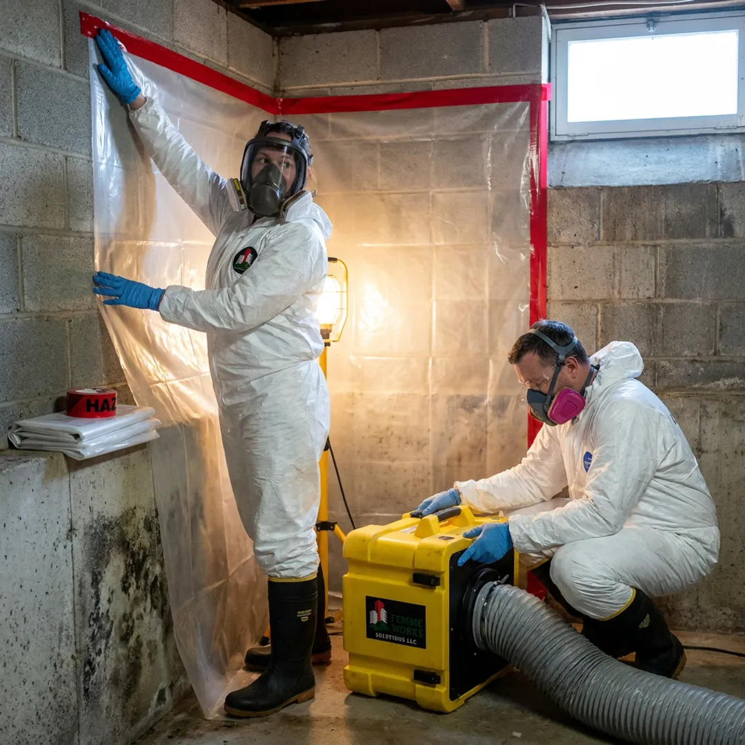 Mold remediation crew setting containment in a home
