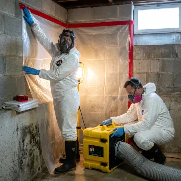 Mold remediation crew setting containment in a home