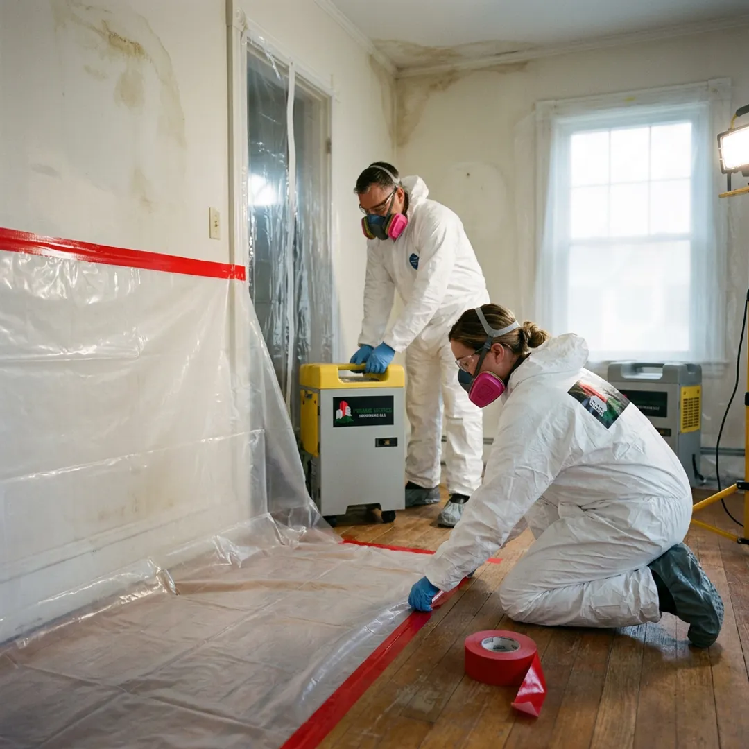 Technician setting up containment for mold remediation
