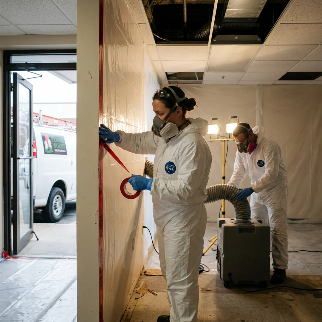 Demolition crew preparing a contained work area