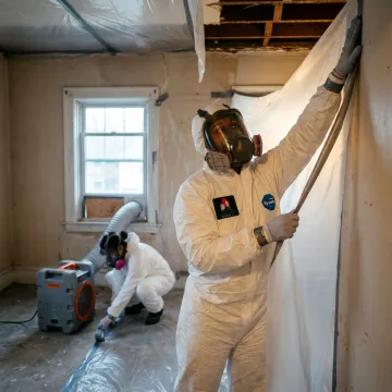 Certified asbestos removal crew preparing a home containment area