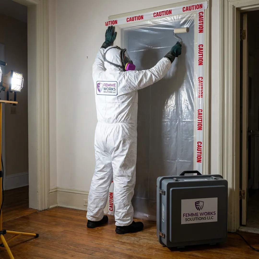 Technician setting up mold containment barrier