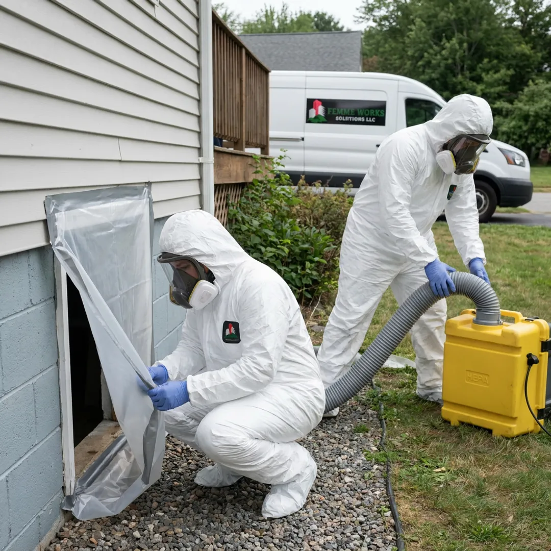 Technician setting up HEPA equipment in a crawl space