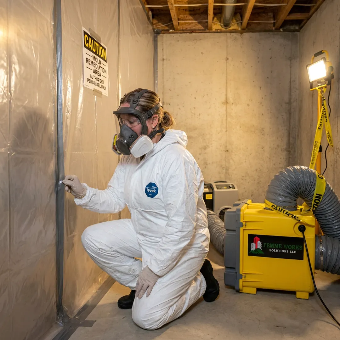 Technician inspecting mold remediation containment