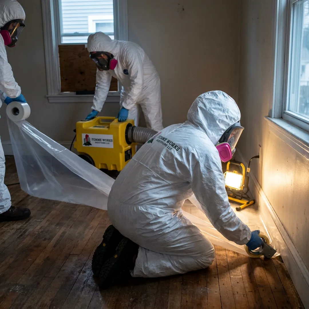Technicians setting up mold containment barriers