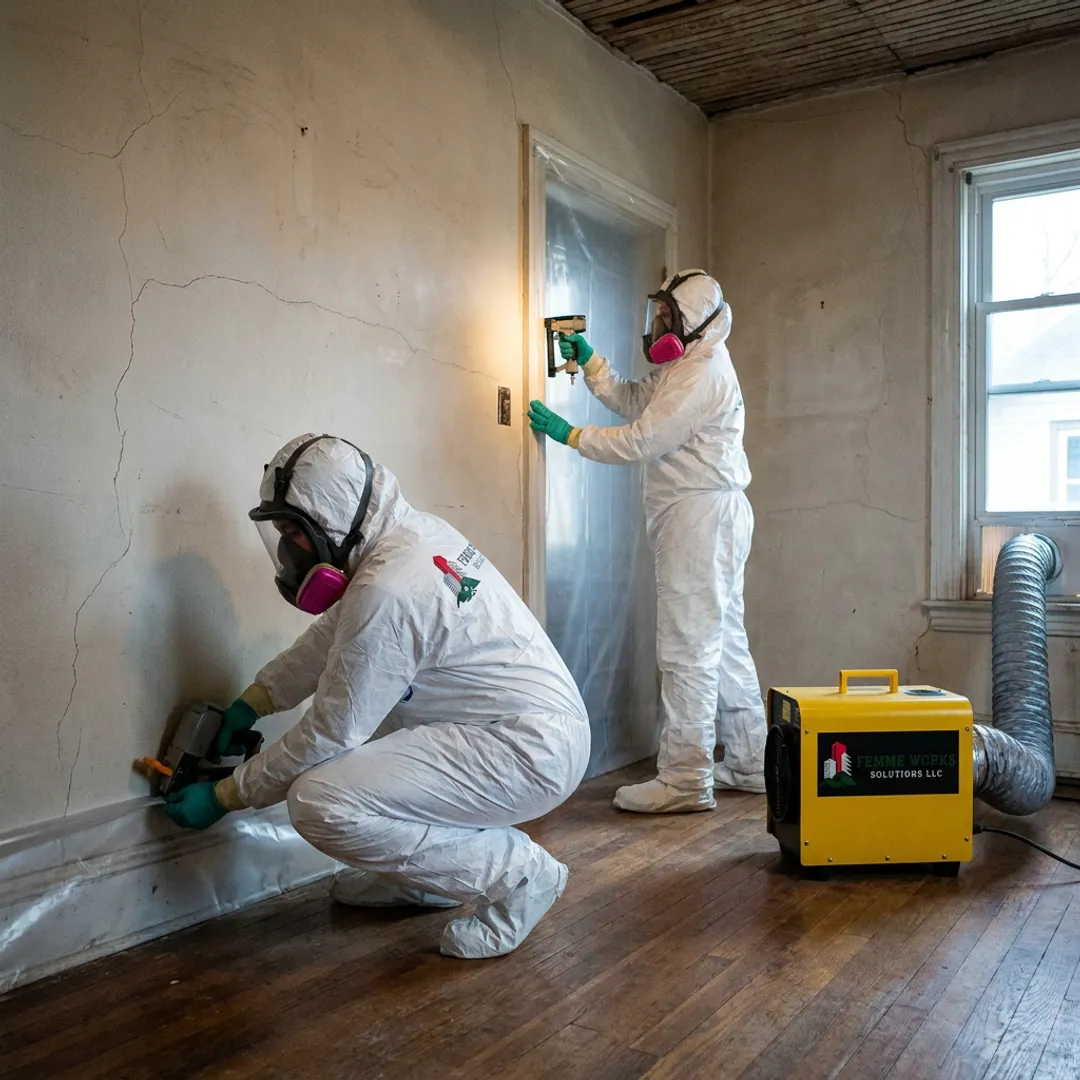 Asbestos removal team setting up containment and HEPA equipment
