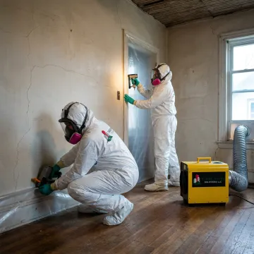 Asbestos removal team setting up containment and HEPA equipment