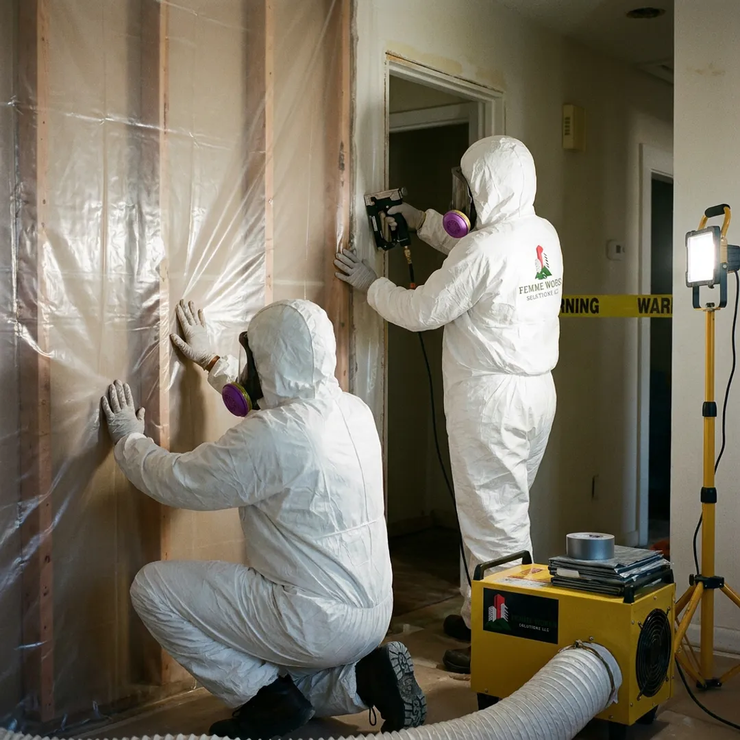 Asbestos remediation team setting up containment barriers
