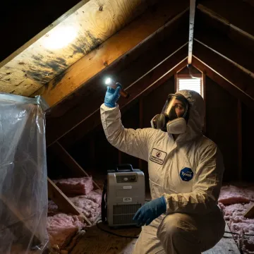 Attic mold removal technician inspecting roof sheathing