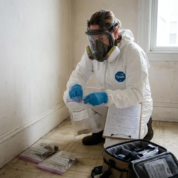 Asbestos inspector collecting building material samples in Massachusetts
