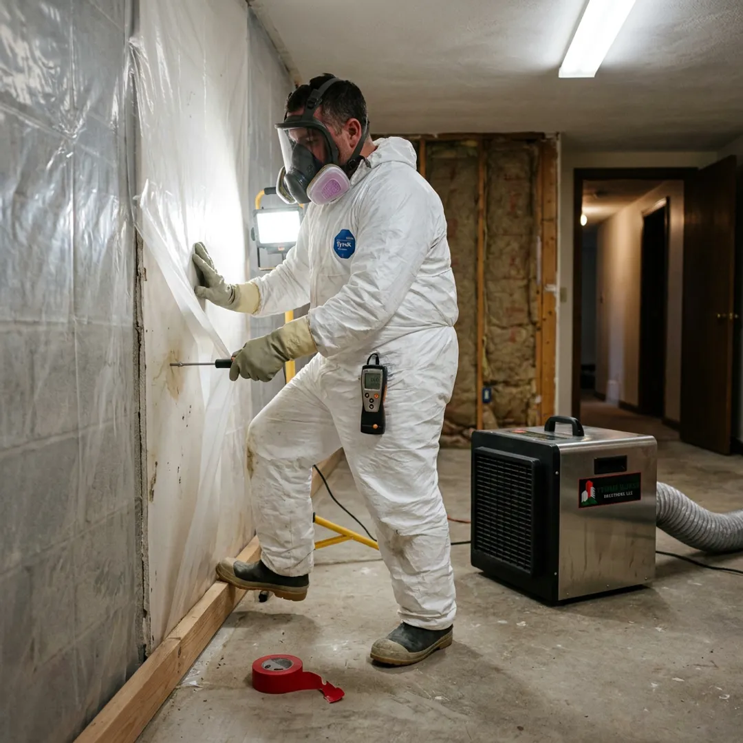 Technician inspecting moisture during mold remediation