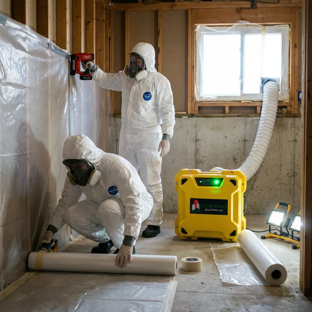 Mold remediation crew setting containment barriers