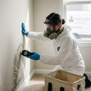 Mold remediation specialist inspecting a wall in Nashua home