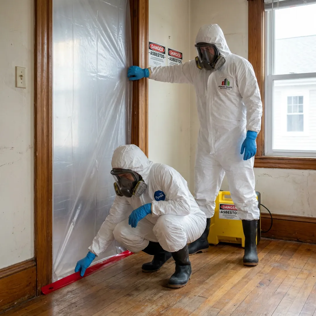 Demolition team preparing containment inside a building