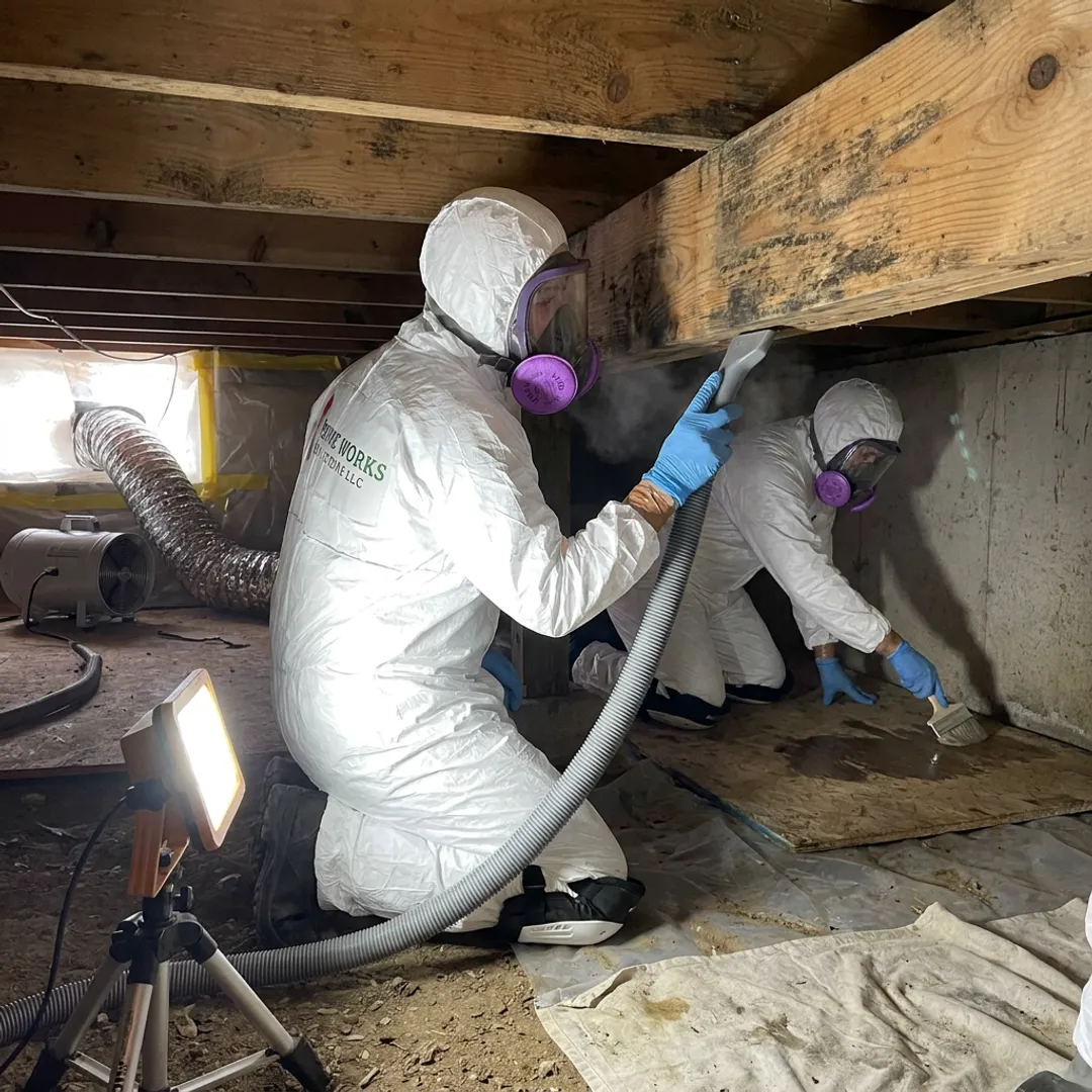 Mold remediation team cleaning a crawl space