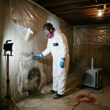 Mold remediation technician inspecting a damp basement wall