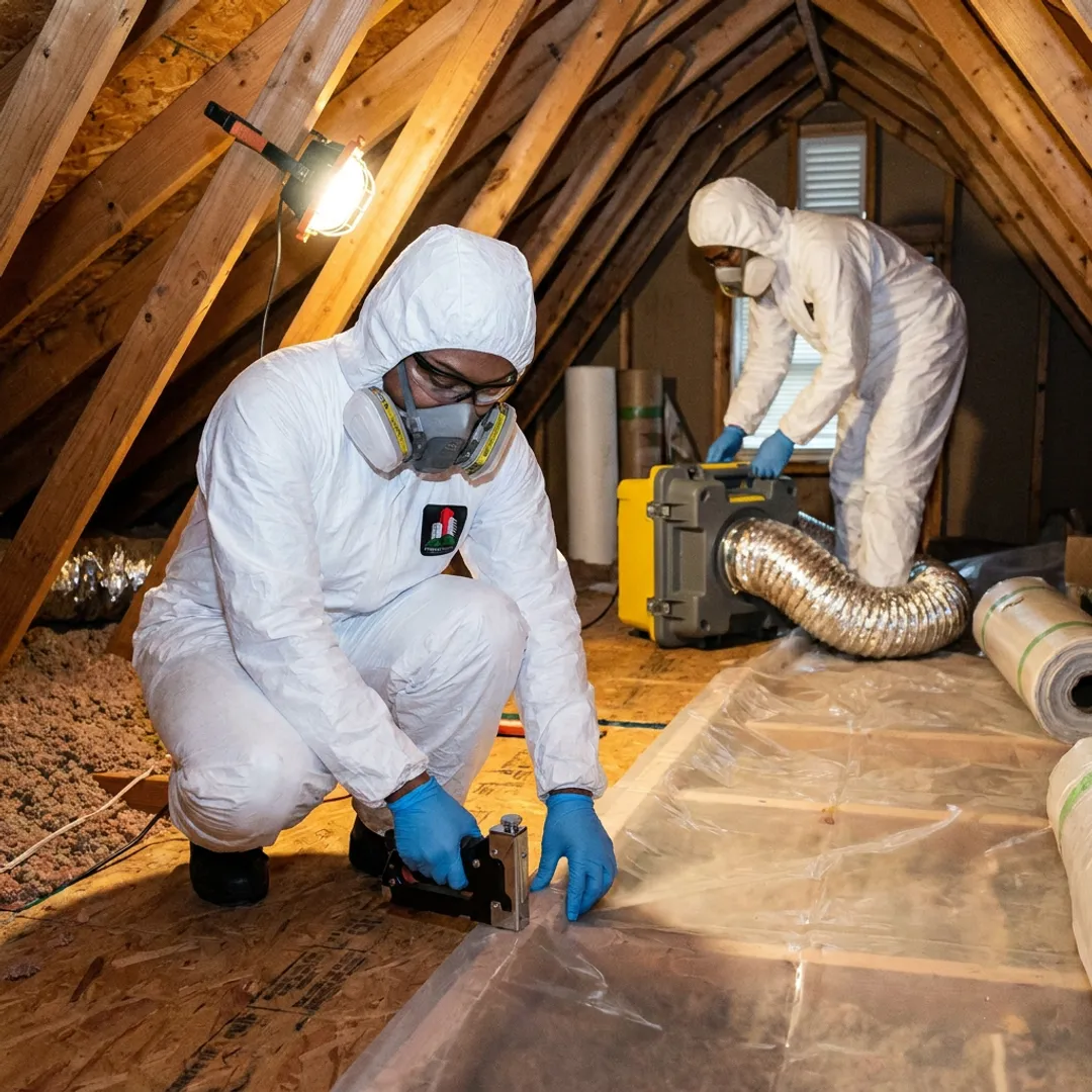 Attic mold remediation team setting containment