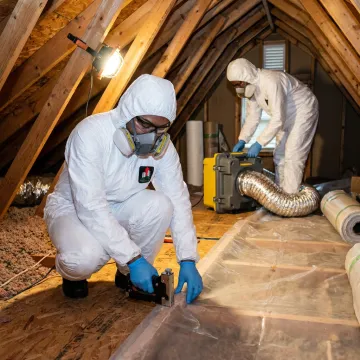 Attic mold remediation team setting containment