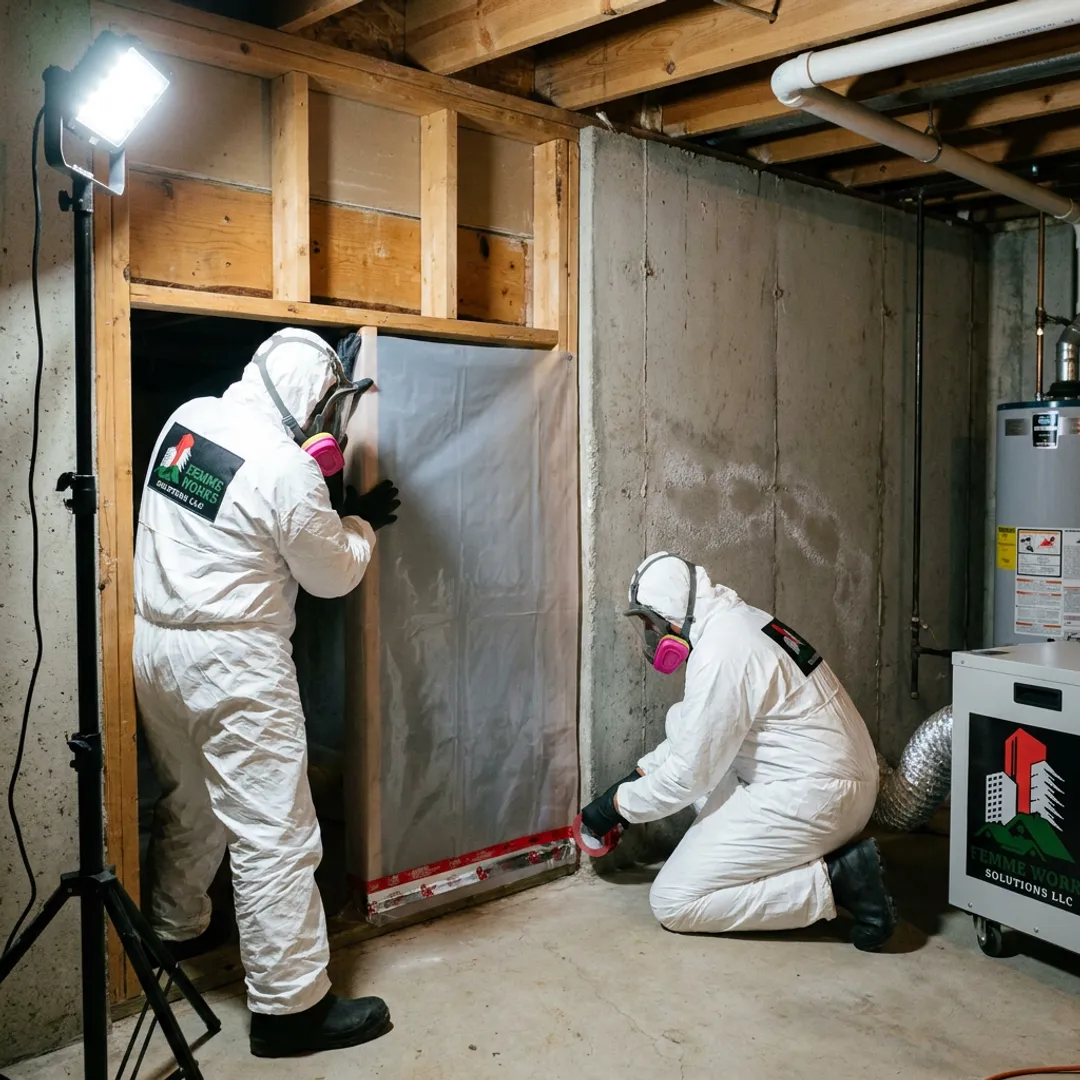 Remediation team preparing a crawl space containment area