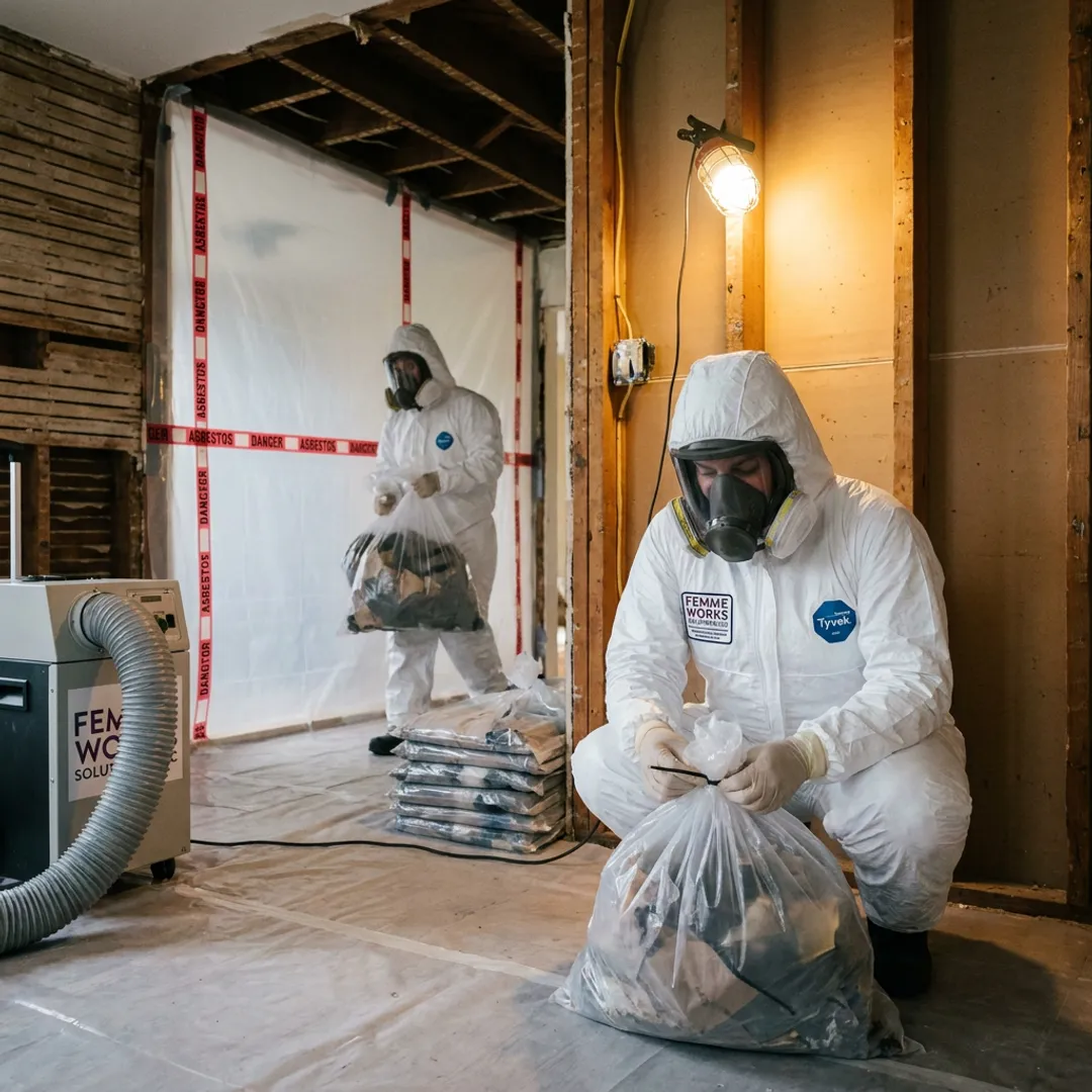 Crew removing demolition debris from an interior renovation