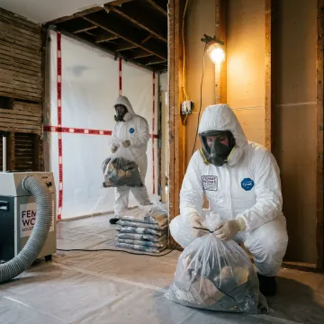 Crew removing demolition debris from an interior renovation