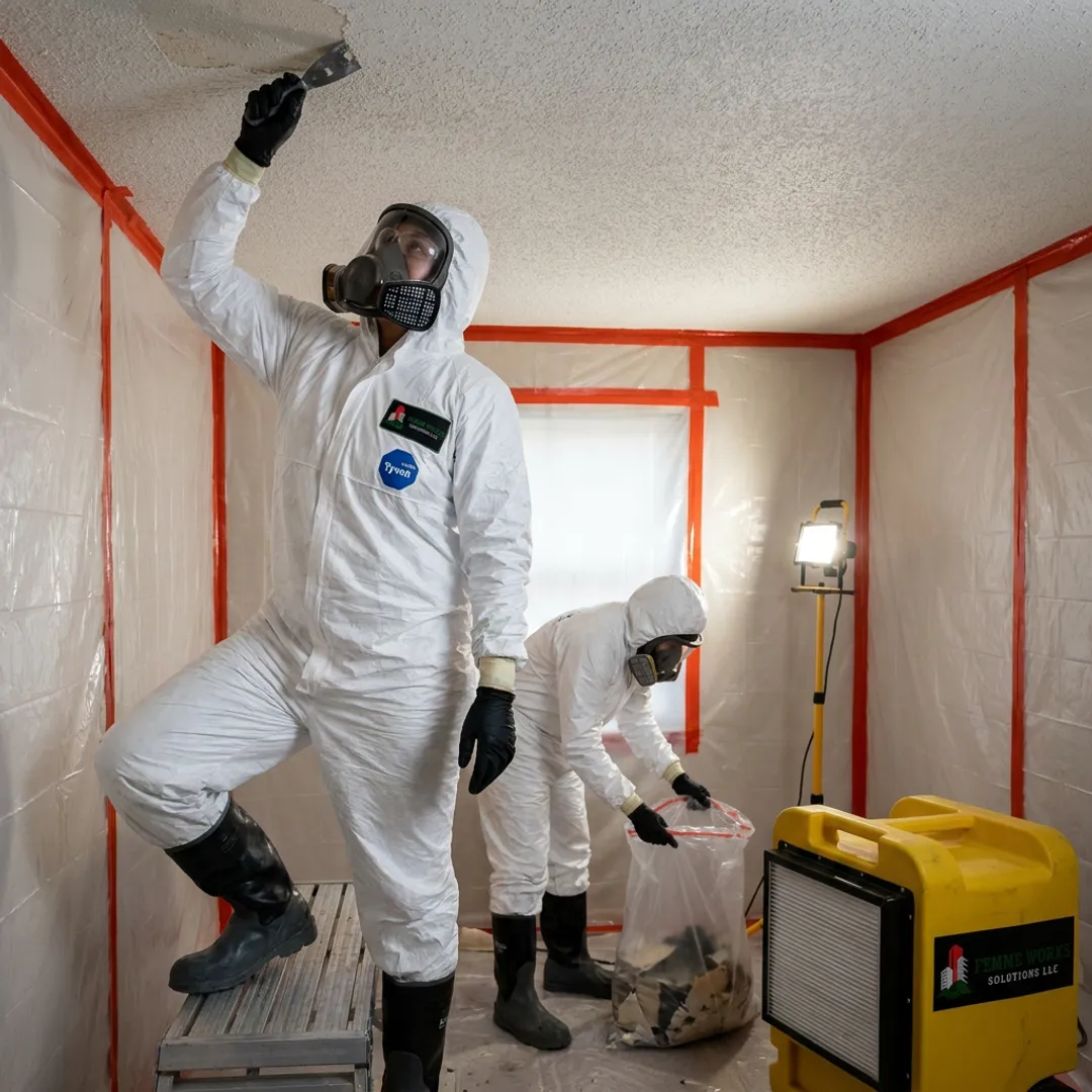 Technicians removing textured ceiling inside containment