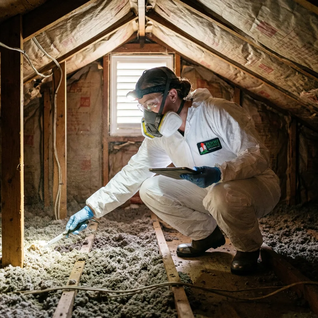 Technician inspecting attic insulation before rebate work