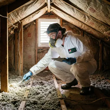 Technician inspecting attic insulation before rebate work