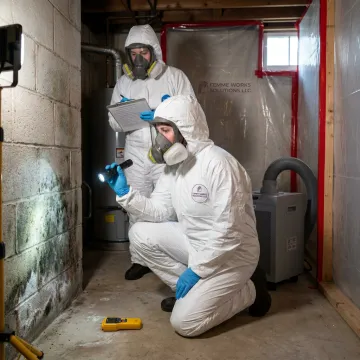 Mold remediation crew inspecting a Concord basement