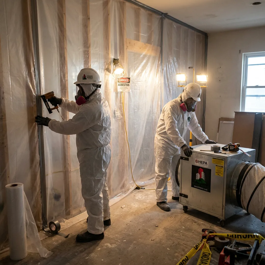 Asbestos containment setup with HEPA filtration