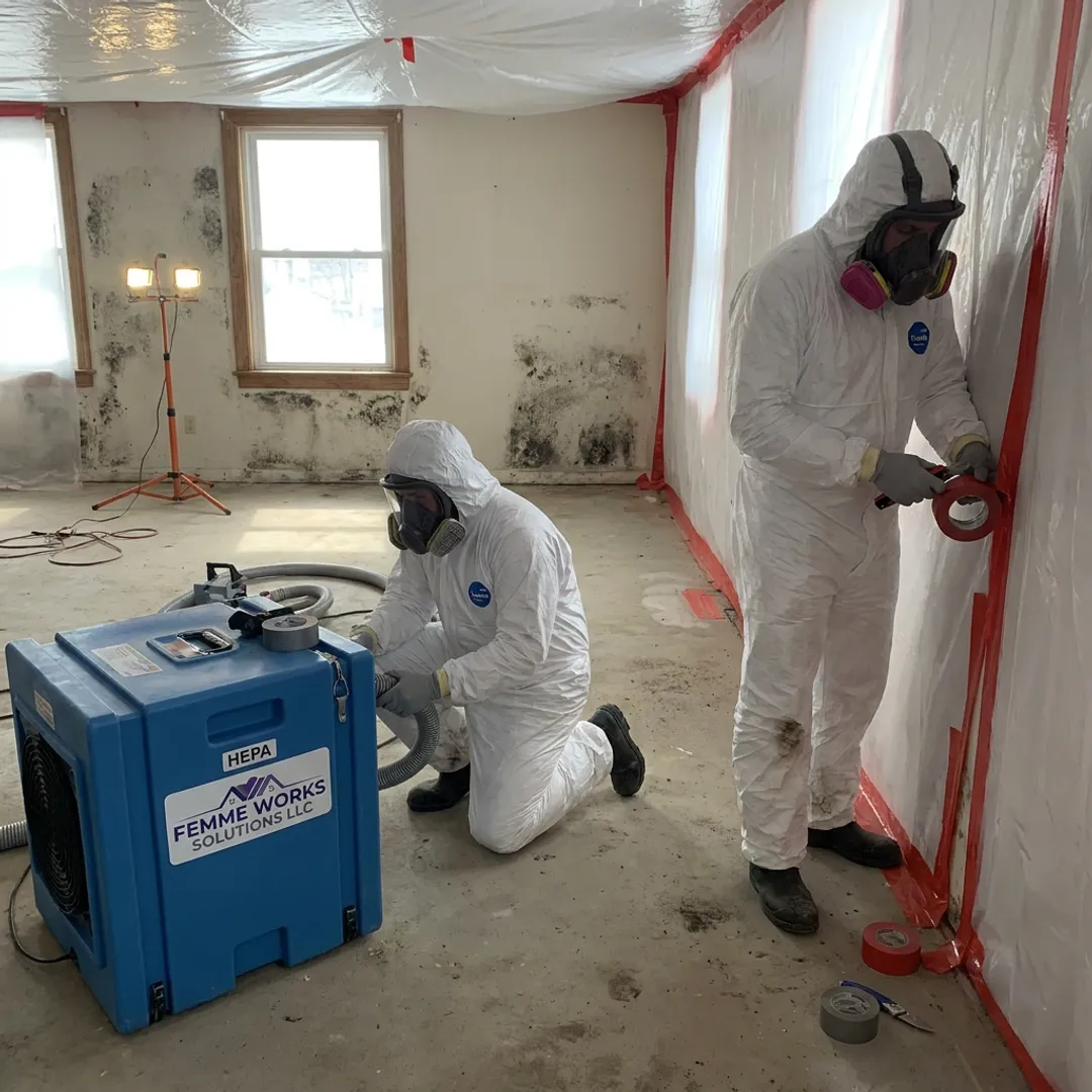 Mold remediation team setting up containment