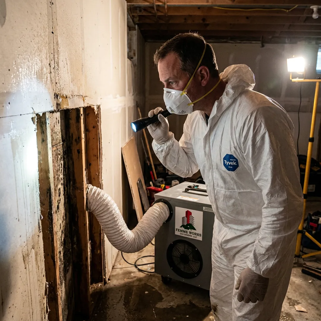 Technician inspecting a wall for mold remediation