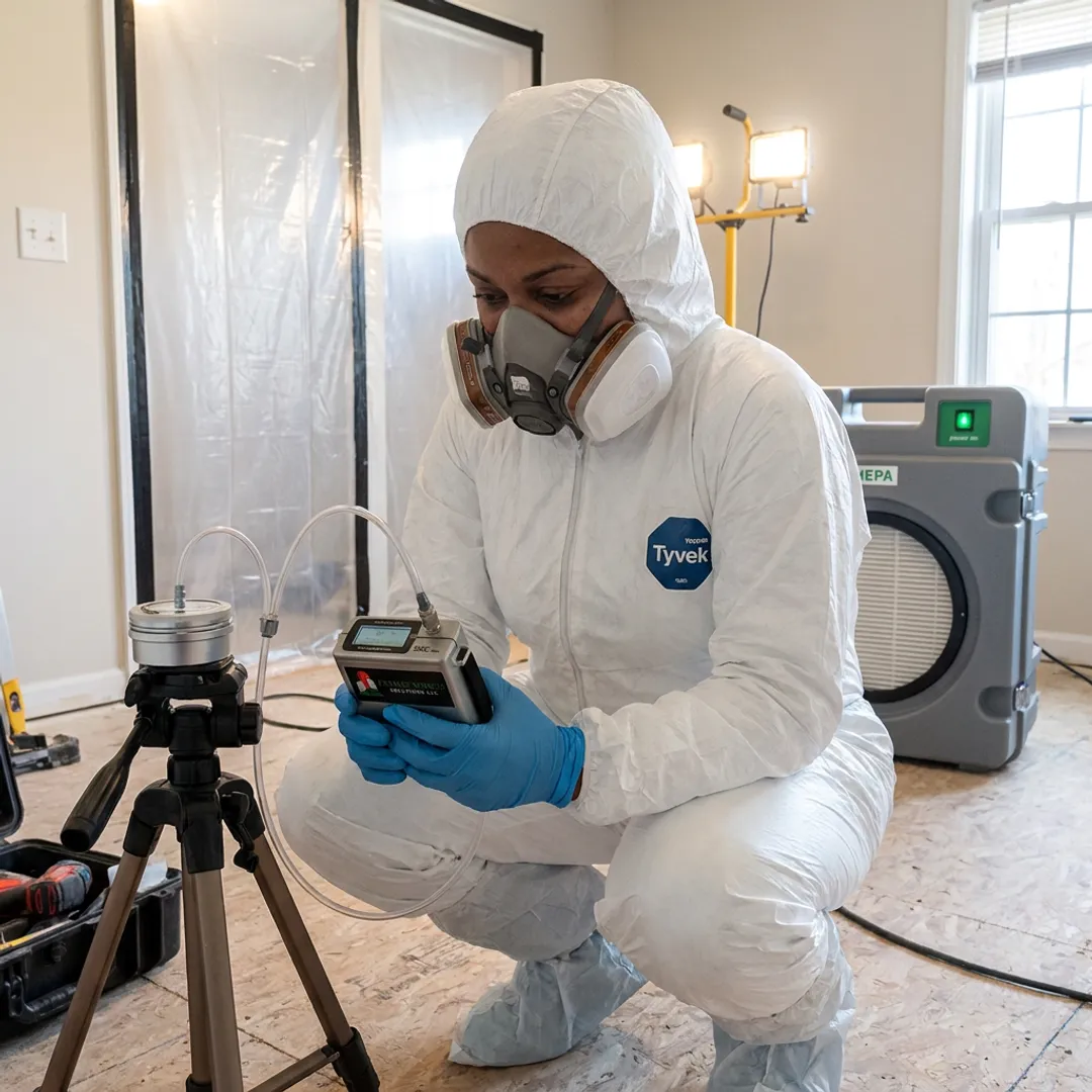 Technician performing mold clearance testing indoors