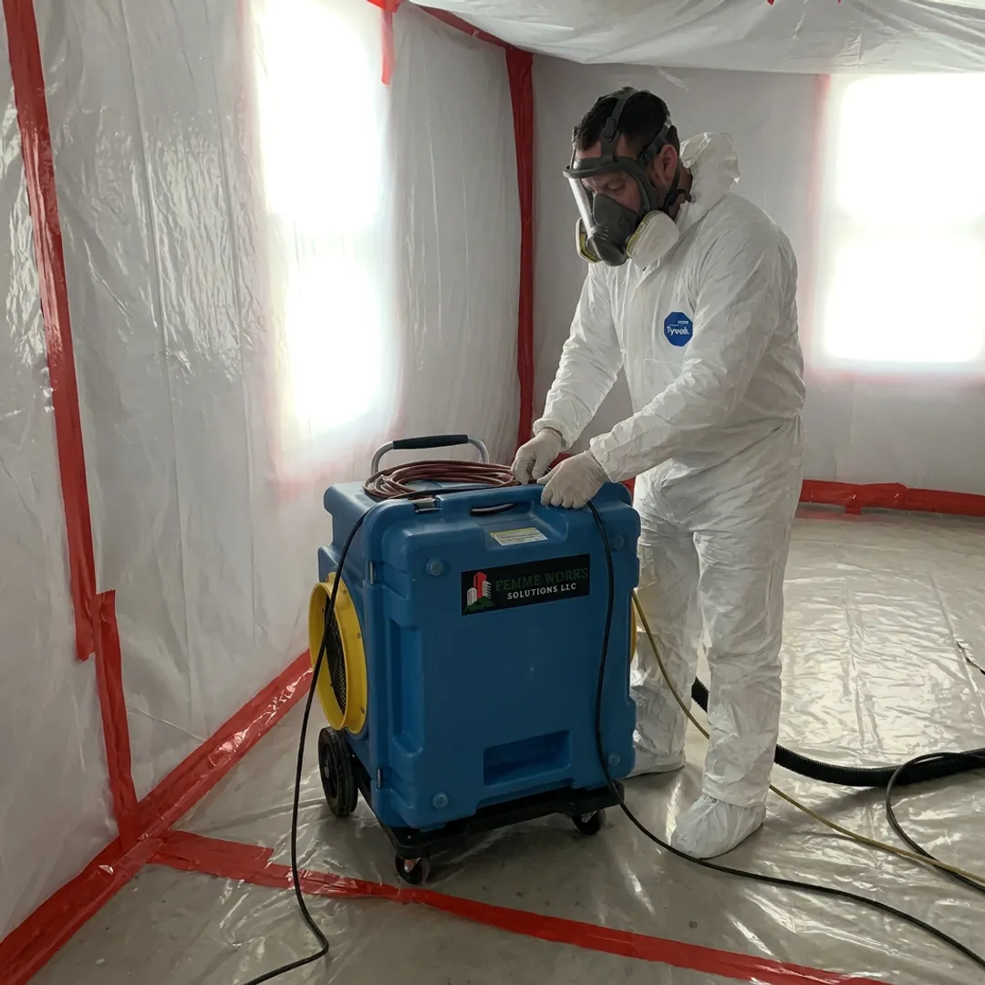 Mold remediation specialist setting containment barriers